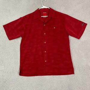 VTG Clench 701 Jeans Shirt‎ Red Casual Y2K Skater Short Sleeve AOP Button Down